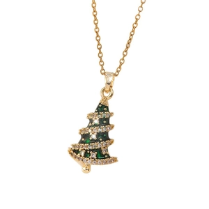 Festive gold necklace with a green enamel Christmas tree pendant and white rhinestones
