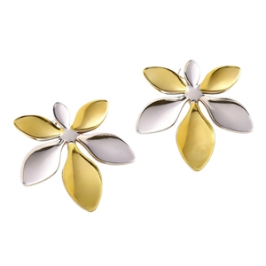 Boucles d'oreilles fleurs en acier inoxydable bicolore or et argent avec design à six pétales