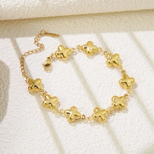 Elegantes 18k vergoldetes Edelstahl-Kleeblattarmband mit Gliederkette und Karabinerverschluss