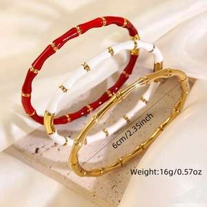 Bamboo style stainless steel bangles in gold, white, and red with 6cm diameter size details