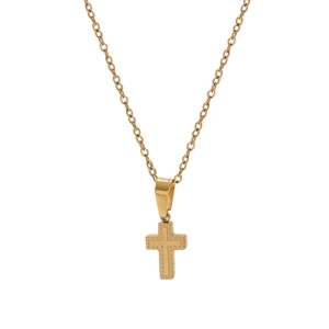 Collier croix en acier inoxydable doré avec texture pointillée sur chaîne en O