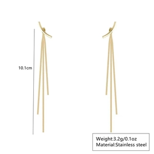 Detail view of 10.1cm gold stainless steel tassel earrings with weight and material specs