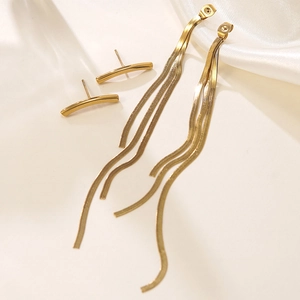 Gold-plated stainless steel tassel earrings featuring elegant triple snake chain drops