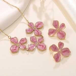 Vintage Französisches Edelstahl Emaille Blume Schmuckset Für Damen Vergoldete Florale Halskette Und Ohrstecker Set