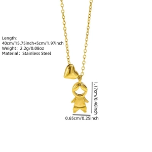 Detail showing 40+5cm stainless steel gold chain with heart and figure pendants