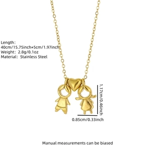 Detail showing 18k gold plated boy and girl heart pendant necklace dimensions and material