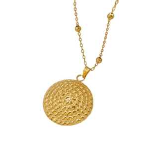 Golden stainless steel geometric necklace with textured disc pendant and beaded chain