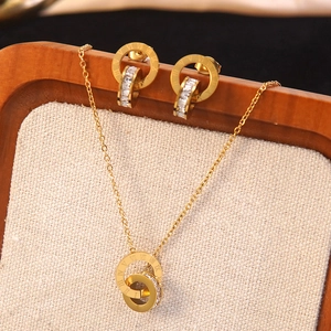 Stainless Steel Roman Numeral Double Ring Necklace And Earrings Set Golden Zirconia Retro Fashion Jewelry Set For Women
