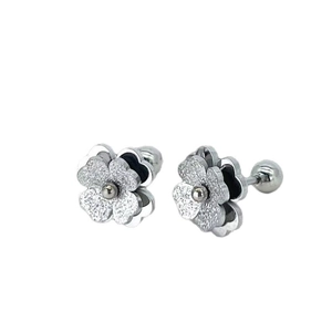 Silver stainless steel matte flower stud earrings with a secure screw ball back design