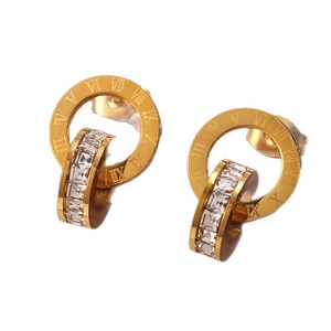 Elegant gold stainless steel earrings with Roman numerals and pavé cubic zirconia