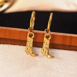 Vintage gold western cowboy boot hoop earrings with floral engraving for women