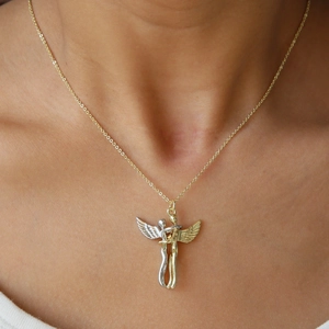 Elegante collana con ciondolo abbraccio d'angelo bicolore in oro e argento per coppie