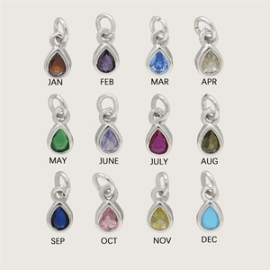 Set of 12 teardrop-shaped birthstone charms in brass with 18k silver finish