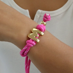Pink braided rope bracelet with polished gold 18k letter M charm for women