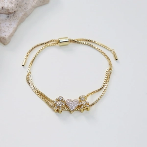 Bracciale dorato a doppia catena con ciondoli pavé a forma di ragazzo, cuore e ragazza