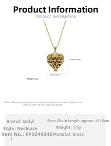 Detailed specs of brass heart pendant necklace with red birthstone and 45+5cm chain length