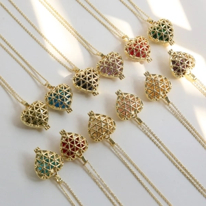Gold-plated brass heart-shaped cage pendant necklaces with colorful birthstone beads