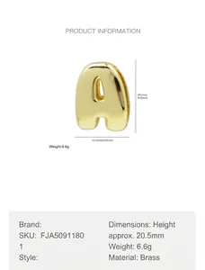 Detailed 3D bubble letter A pendant in polished brass with height and width dimensions