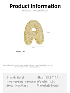 Macro shot of gold bubble letter A pendant with cubic zirconia and size dimensions
