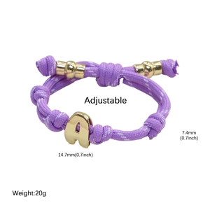 Adjustable purple braided rope bracelet with gold metal letter A pendant for women