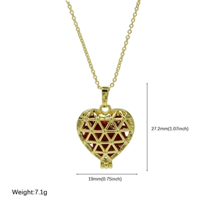 Gold-plated brass heart pendant necklace with red December birthstone and dimensions