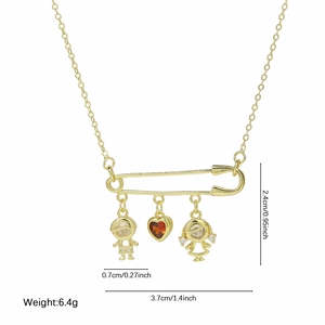 Collana a spilla da balia dorata con ciondolo a cuore e charms bimbo e bimba