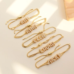 Customized golden mini bubble letter bracelets with sparkling zircons and adjustable chain