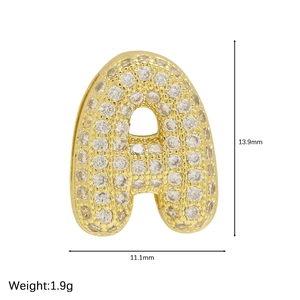 Sparkly gold zircon bubble letter A charm for bracelets with dimensions and weight specs