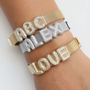 Custom gold and silver metal mesh bracelets with sparkling zircon initial letter charms
