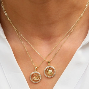 18k gold plated brass zodiac pendant necklace with sparkling crystal halo and fine chain