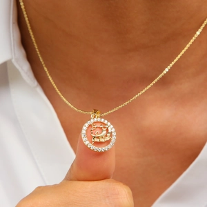 Elegant 18k gold brass zodiac necklace with sparkling crystal ring and hollow coin pendant