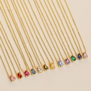 Brass 18K Gold Plated Pear Shaped Birthstone Pendant Necklace For Women Minimalist Dainty Waterdrop Rhinestone Jewelry Birthday Gift