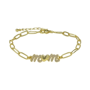 Golden brass paperclip chain bracelet with zircon MOM letter heart charm for Mother's Day