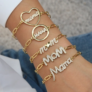 Elegant Brass Mama Mom Letter Paperclip Chain Bracelet With Rhinestone Pave Pendant For Mother's Day Women Jewelry Gift
