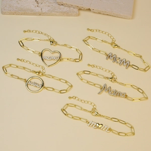 Golden MAMA and MOM paperclip chains with micro-pave zircon charms for Mother's Day