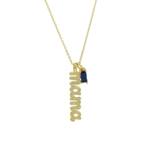 Gold MAMA letter necklace with micro-pave stones and blue birthstone pendant