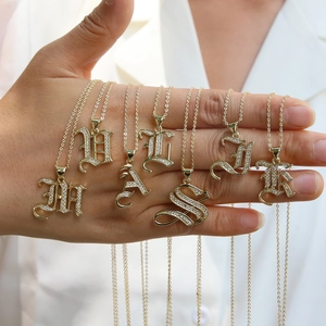 Gothic Old English Initial Letter Pendant Necklace 18K Gold Plated Copper Micro Pave Zirconia Alphabet Necklace For Women