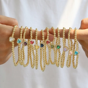 18k gold beaded elastic bracelets featuring 12 colors of heart-shaped birthstones