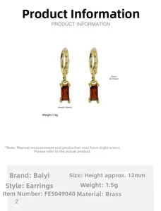 Detailed dimension guide for rectangle red gemstone hoop earrings in gold plated brass