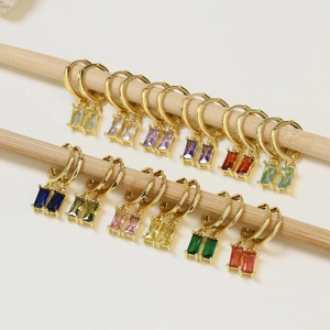 Brass Baguette Cut Birthstone Hoop Earrings Fashion Rectangular Zirconia Dangle Earrings For Women Jewelry Gift