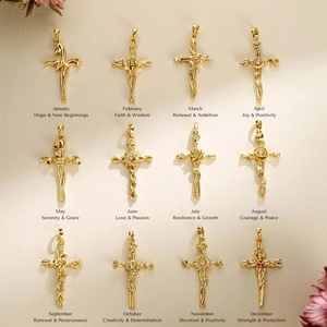 Birth Flower Cross Pendant Necklace Gold Plated Brass Floral Crucifix Chain Jewelry For Women Mothers Day Gift Vintage Style