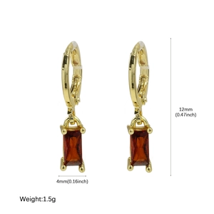 Gold rectangular birthstone hoop earrings featuring red-brown stones and 12mm size