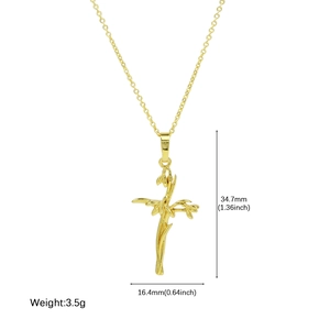 Gold-plated brass vine cross pendant necklace with 18k gold finish for women