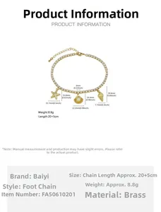 Detailed size chart of gold star beach anklet with starfish and shell charms