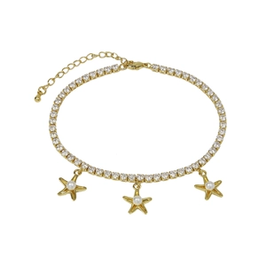 Detail of gold starfish anklet with pave crystals, white pearls and lobster clasp closure