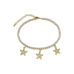 Detail of gold tennis anklet featuring sparkling zircon starfish pendants for beach wear
