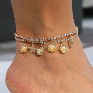 Women Zirconia Ocean Charms Anklet Copper Gold Plated Sea Shell Starfish Conch Pave Rhinestone Summer Beach Jewelry