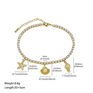 Gold plated beach anklet with starfish, seashell pendants and white zircon stones