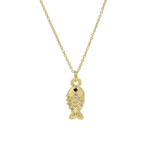 Macro detail of gold fish pendant necklace with sparkling white and black cubic zirconia
