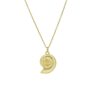 Detailed view of a gold nautilus shell pendant with textured ridges on an O-chain